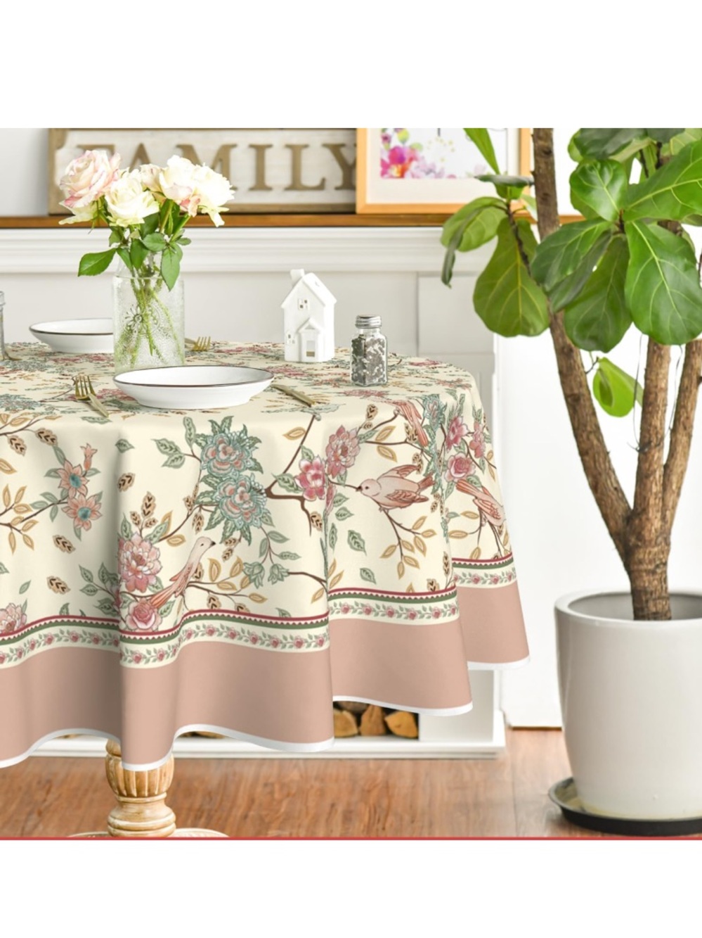 Floral Birds Tablecloth 70” ROUND Washable